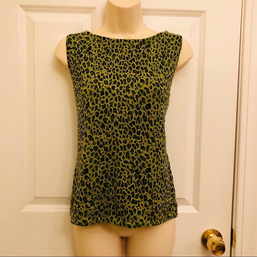 Animal Print Sleeveless Knit Top Lg Green & Black